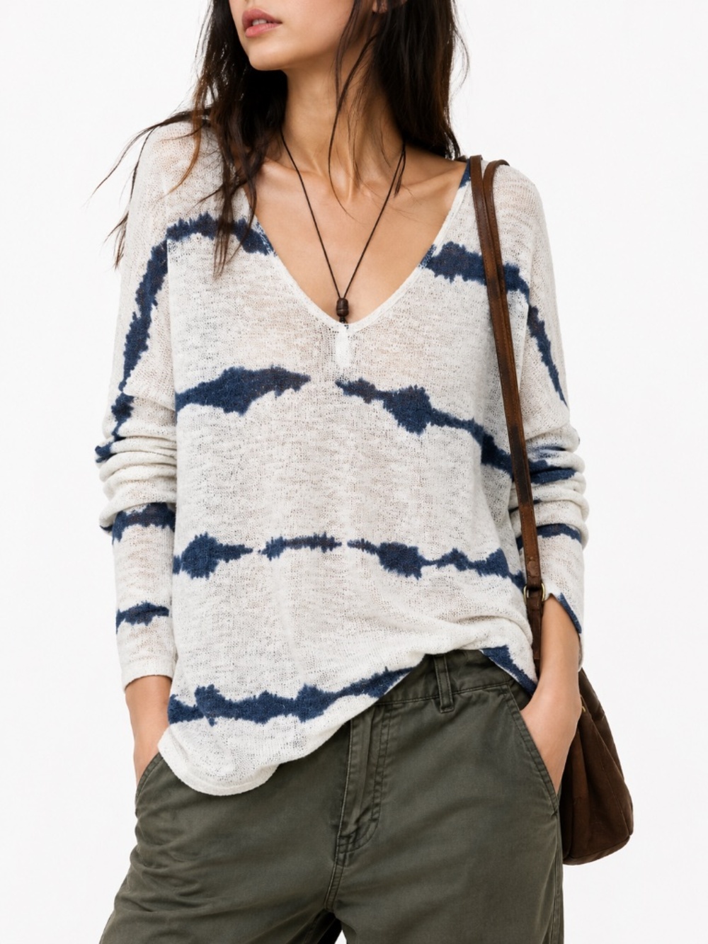 Enti Tie Dye Long Sleeve V-Neck Top White Blue Boho Casual Shirt, Size M/L
